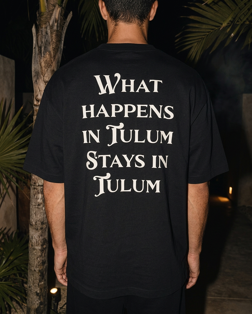 What Happens In Tulum oversized tee in Black — lifestyle worn by model