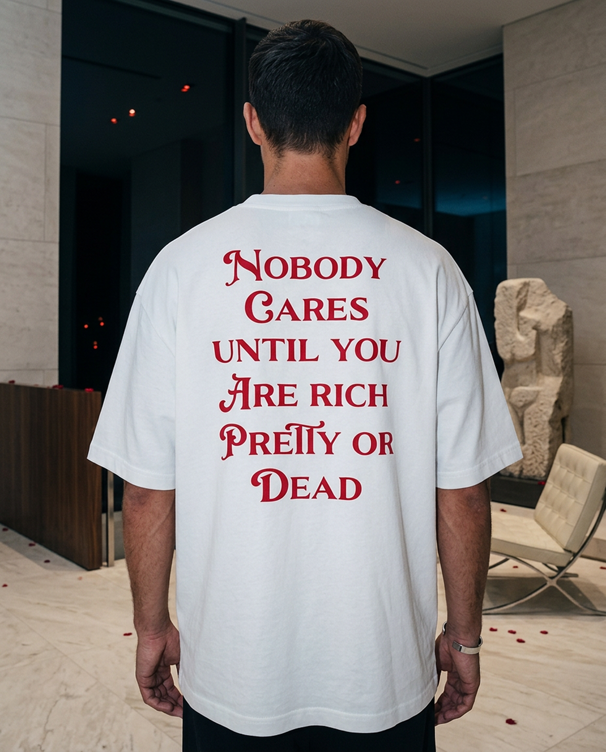 Nobody Cares Until oversized tee in White — lifestyle — editorial 1