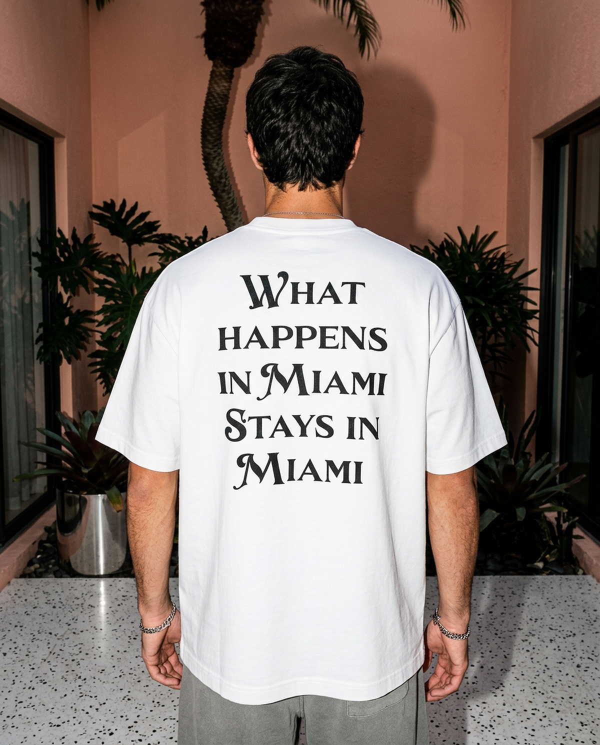 What Happens In Miami oversized tee in White — lifestyle