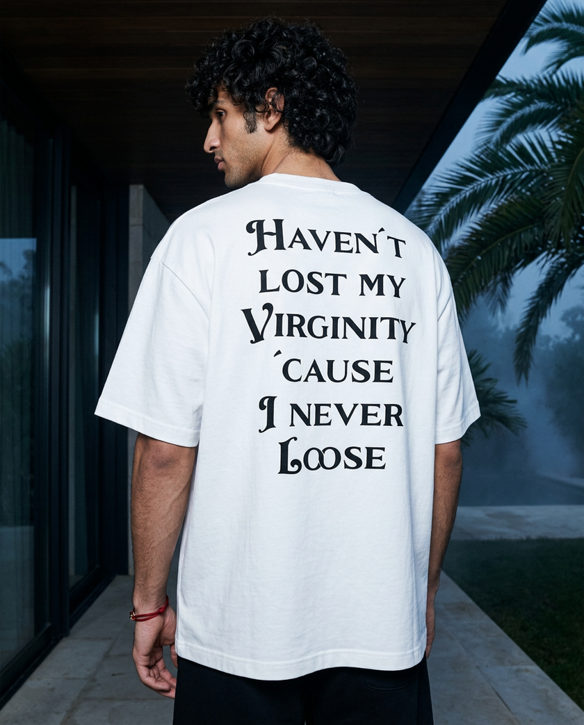I Never Loose oversized tee in White — lifestyle worn by model