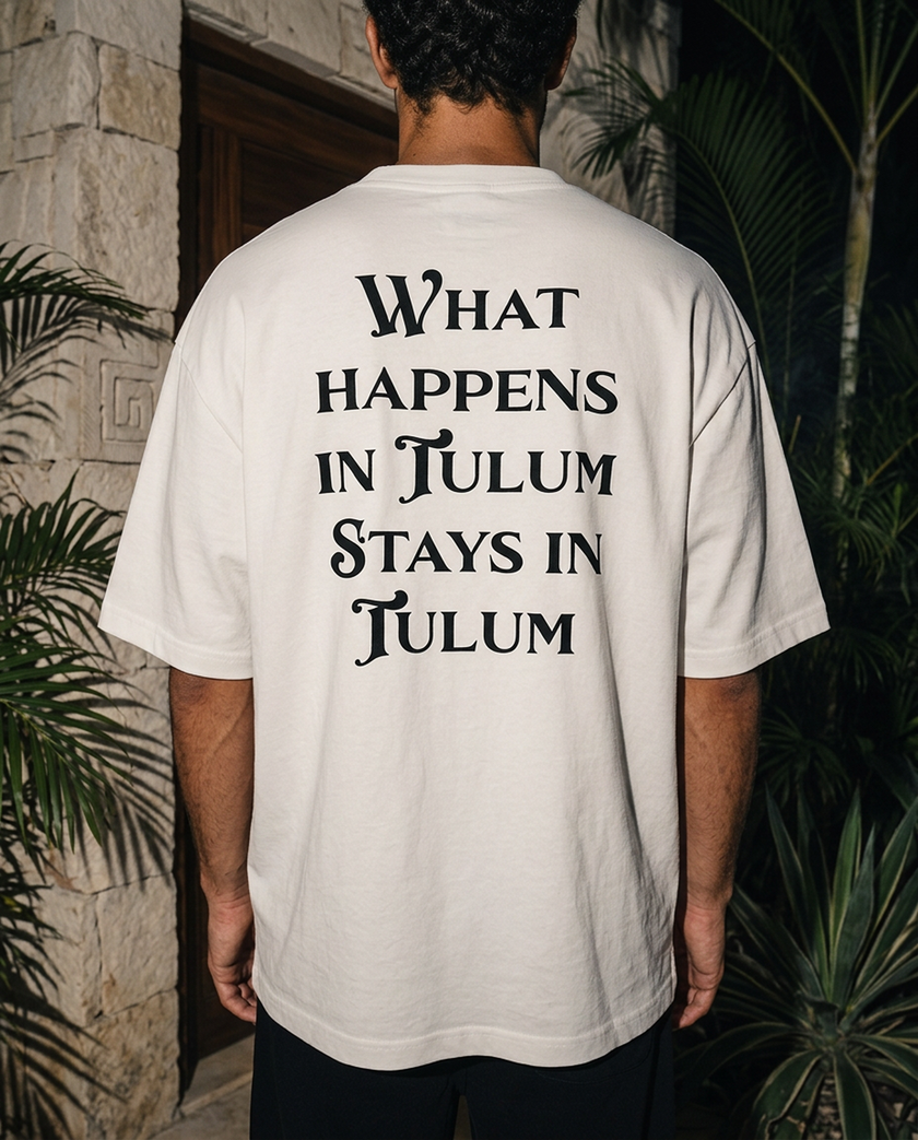 What Happens In Tulum oversized tee in White — lifestyle worn by model