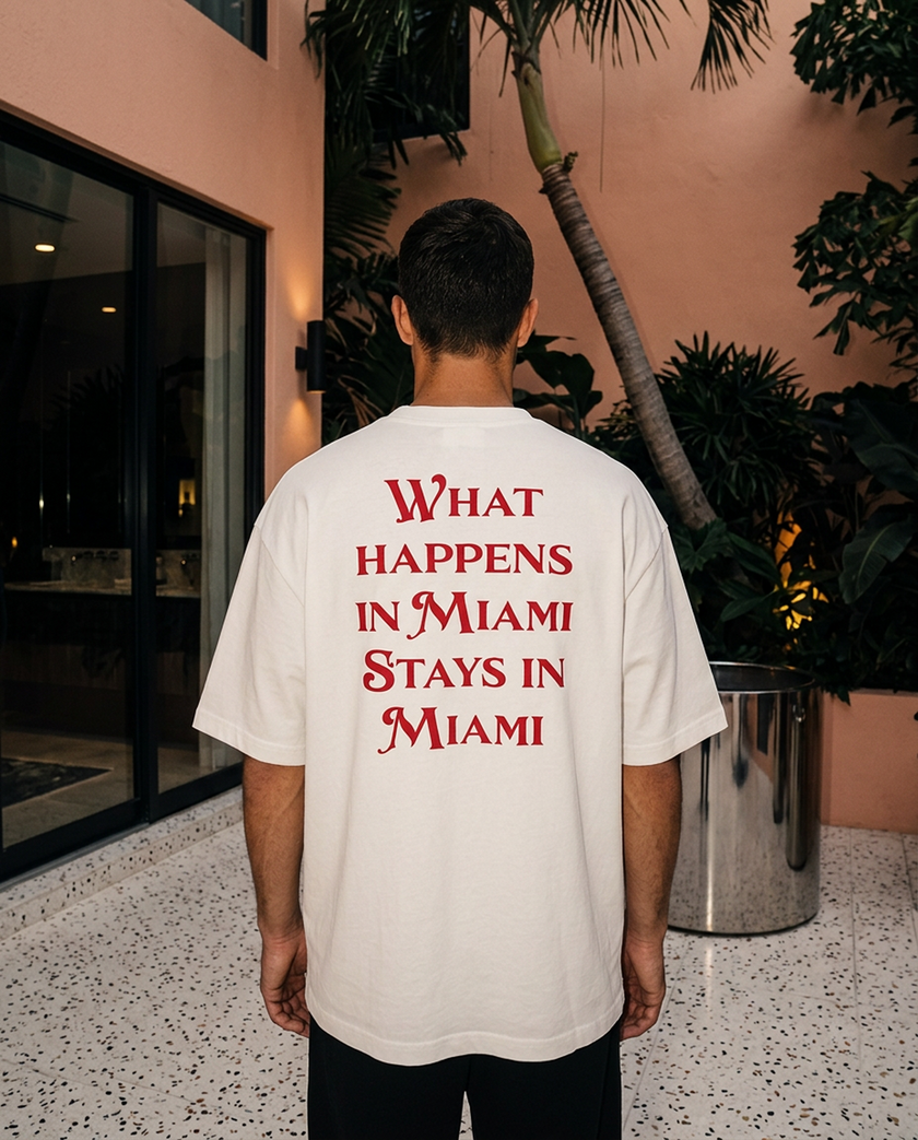 What Happens In Miami oversized tee in White — lifestyle worn by model