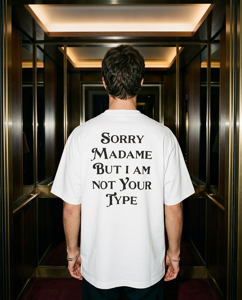 Sorry Madame oversized tee in White — lifestyle worn by model