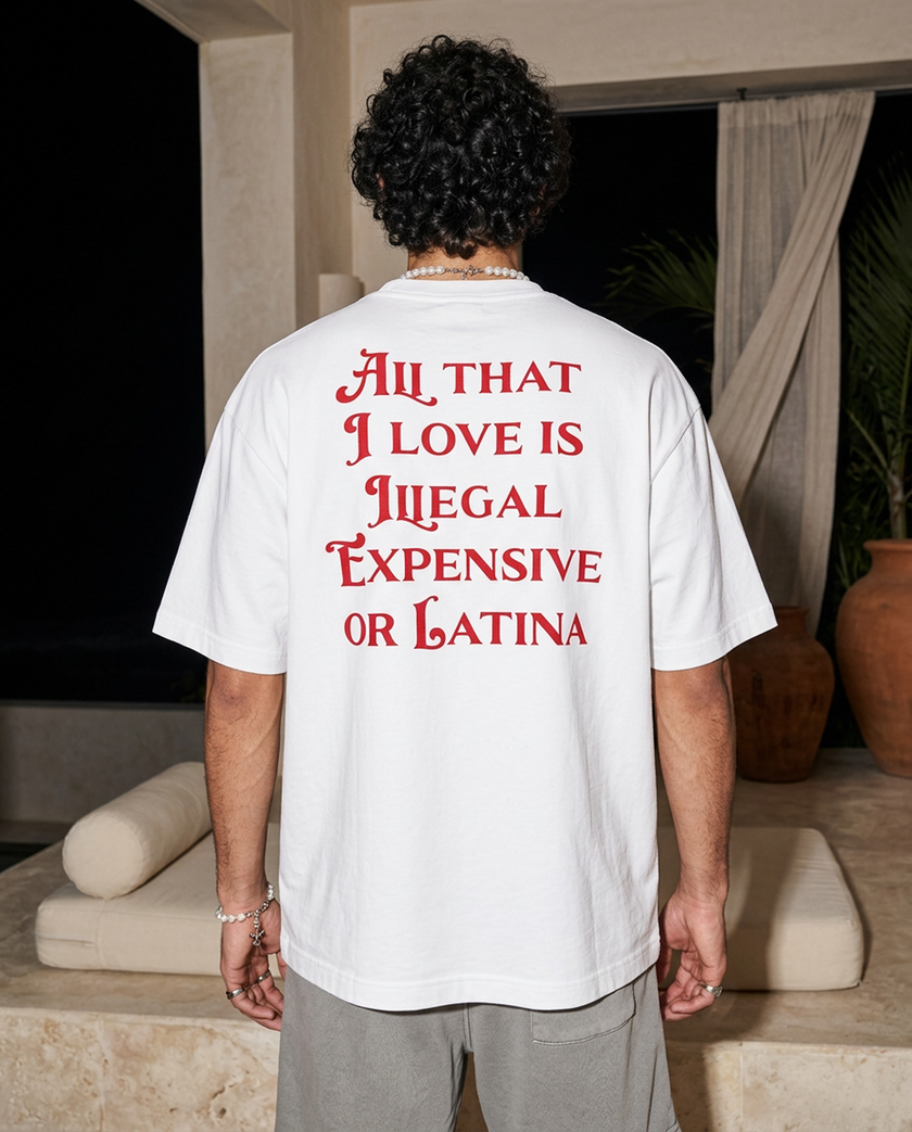 All That I Love Is Latina oversized tee in White — lifestyle worn by model