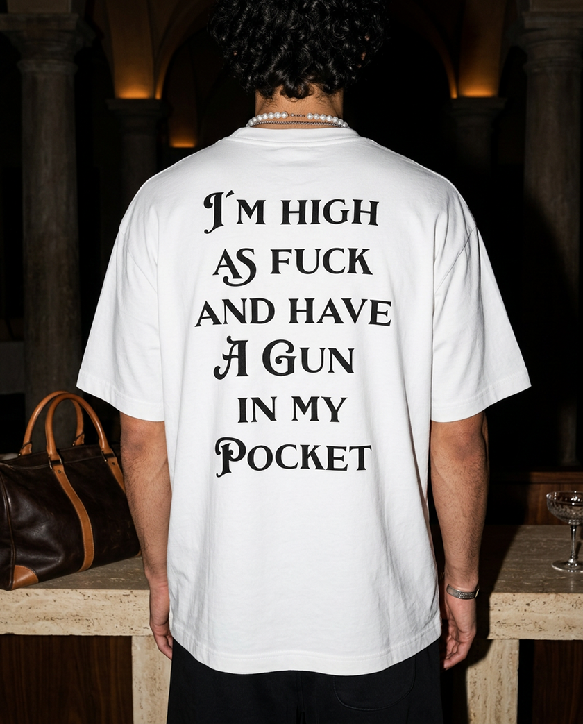Gun In My Pocket oversized tee in White — lifestyle worn by model
