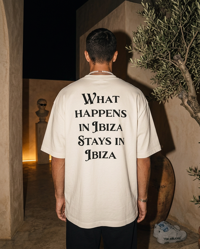 What Happens In Ibiza oversized tee in White — lifestyle worn by model