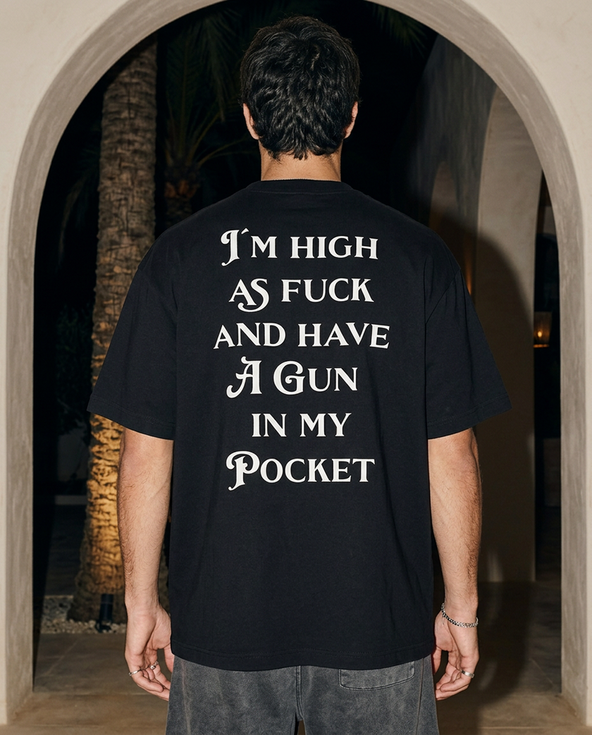 Gun In My Pocket oversized tee in Black — lifestyle worn by model