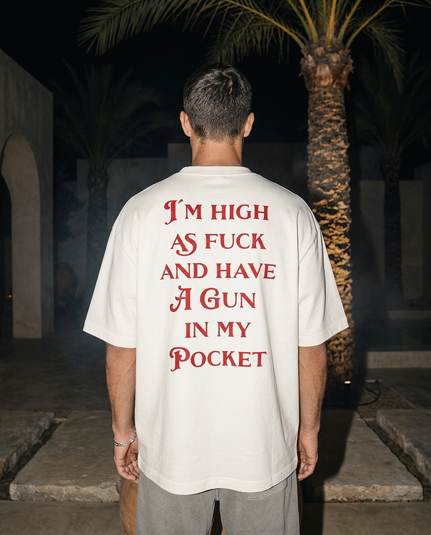 Gun In My Pocket oversized tee in White — lifestyle worn by model