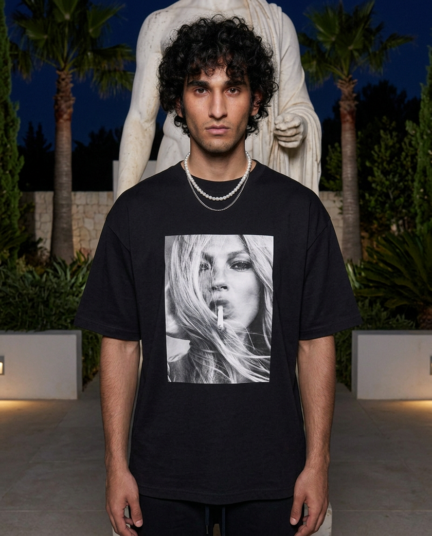 Smoking Kate oversized tee in Black — lifestyle worn by model