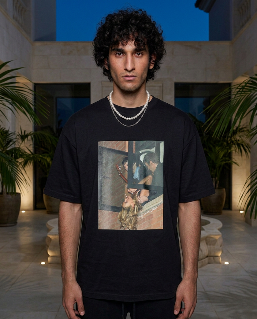 That Escalated Quickly oversized tee in Black — lifestyle worn by model