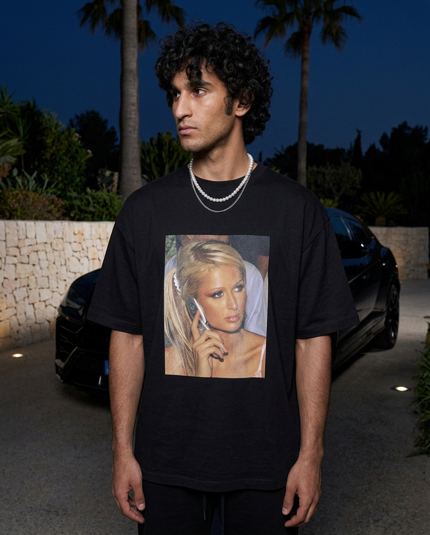 Paris Is Calling oversized tee in Black — lifestyle worn by model