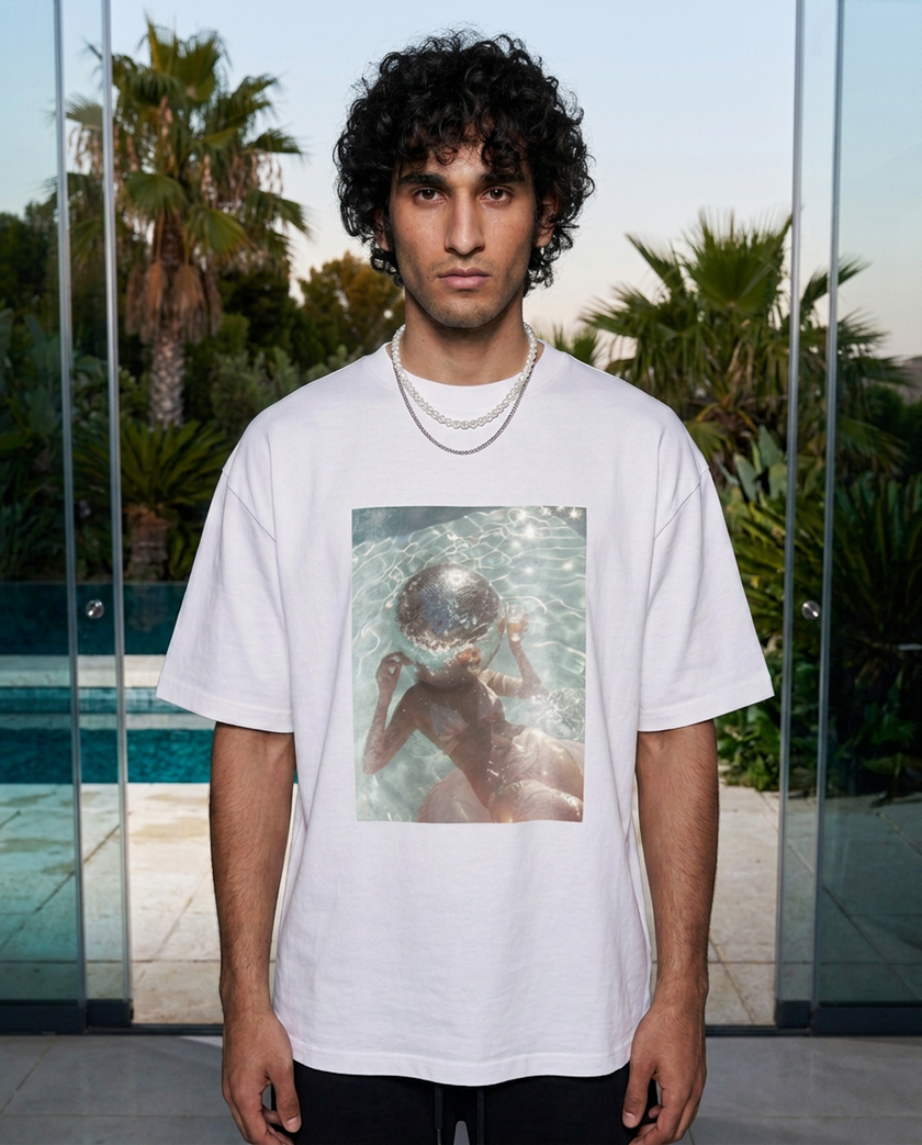 Disco For Breakfast oversized tee in White — lifestyle worn by model