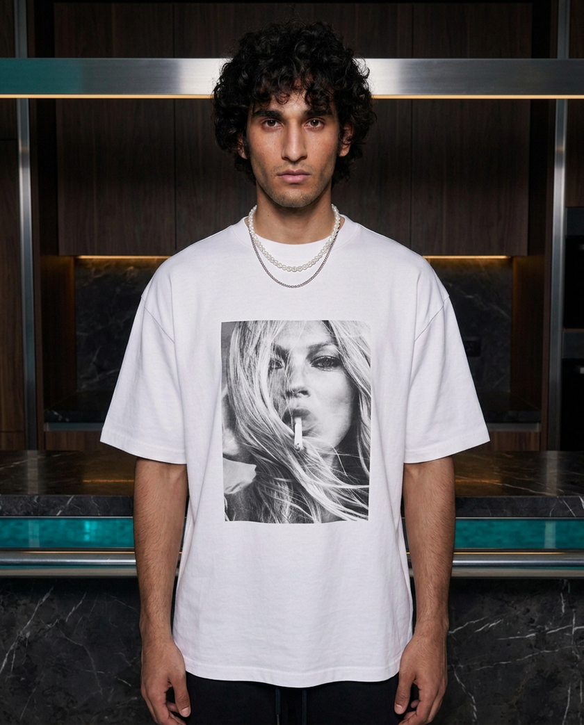 Smoking Kate oversized tee in White — lifestyle worn by model
